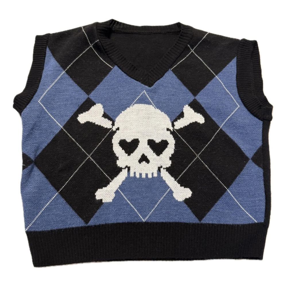 Skull Argyle Knit Vest in Blue and Black